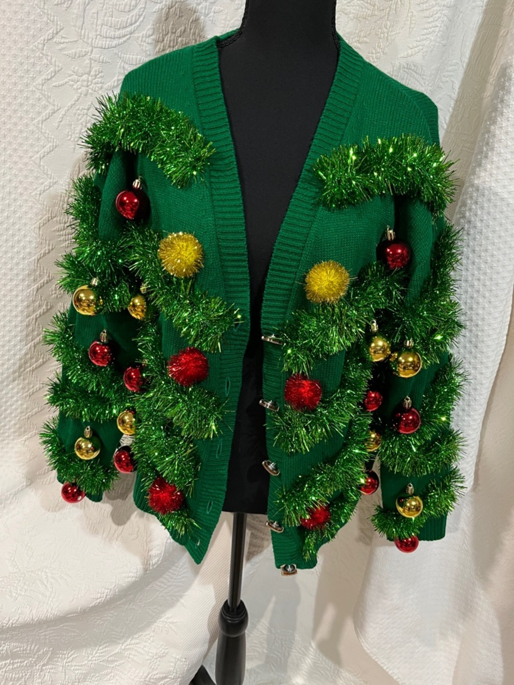 Festive Green Forever 21 Ornament and Garland accent cardigan, size medium